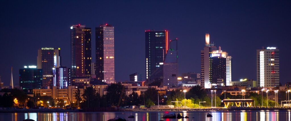 city skyline during night time